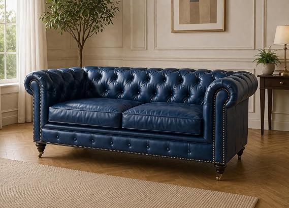 Image of A to Z Furniture Classic Sofa Set Luxury Chesterfield Leatherette Sofa in for Home Living Room & Office (3+2+1=6 Seater Sofa Blue)