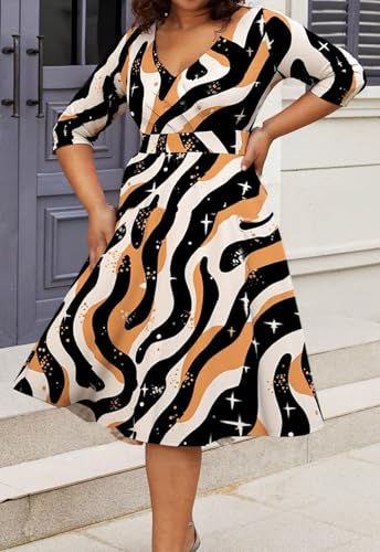 Image of Womens Plus Size Dresses Faux Wrap Summer Dress 3 /4 Sleeves V Neck 1950s Retro Vintage Wedding Party Midi Dress