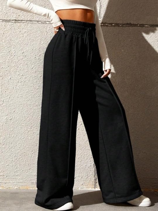 Image of Women's Wide Leg Casual Pants, High Waist Cotton Blend, Drawstring, Light Colour, Relaxed Fit