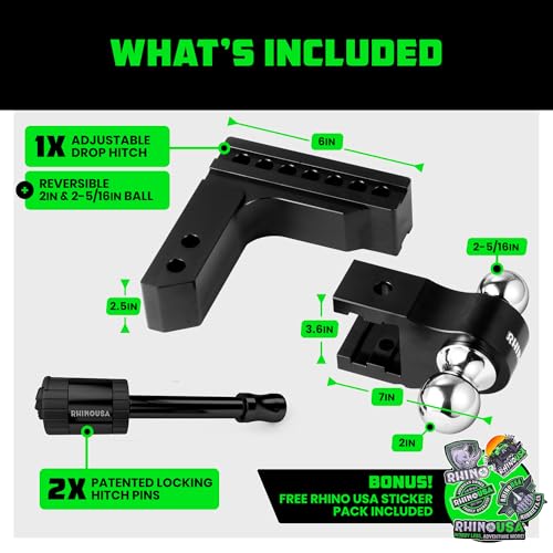 Image of Rhino USA Adjustable Trailer Hitch (2.5-Inch Receiver) - Heavy Duty Aluminum Tow Hitches with 6-Inch Drop /Rise for Truck (18,500 LBS GTW) - Weatherproof Double Anti-Theft Locking Hitch Pins (Black)
