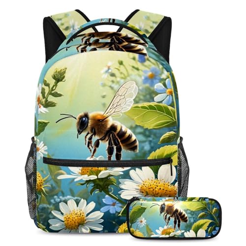 Sac à dos abeille et fleur grand format : sac d'école fille et garçon avec trousse d'école