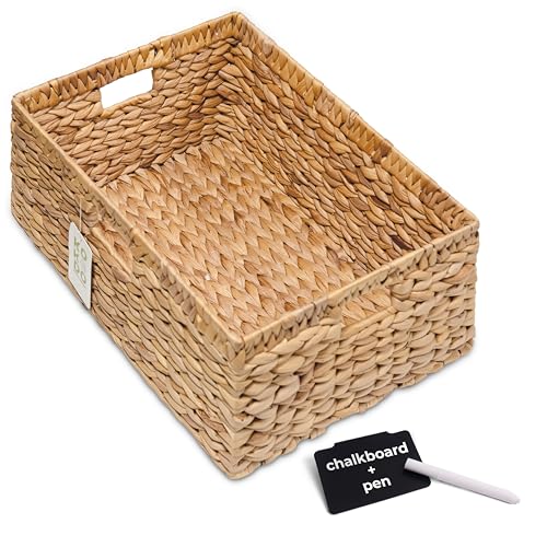 KOKODO 16.5'Lx13'W Large Wicker Storage Baskets with Chalkboard, Stylish and Durable Water Hyacinth Rectangle Handwoven Basket Bin with Metal Frame & Handle for Room Organizing