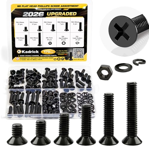 Image of KADRICK 170Pcs M6 Countersunk Screws,M6 Flat Head Screws,Phillips Bolts Nuts Washers Assortment Kit,Zinc Plated,Lenth of 10MM-30MM