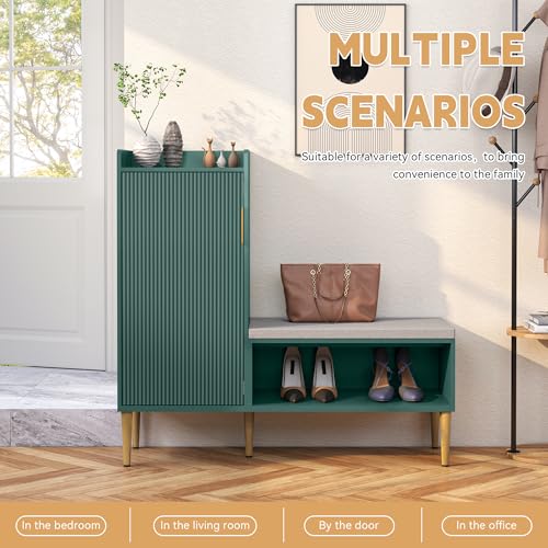 Image of Storage Bench with Fluted Door&Shelf, L-Shaped Entryway Bench | Green Modern Living Room Bench with Padded Seat, Small Shoe Organizer Cabinet for Hallway, Office