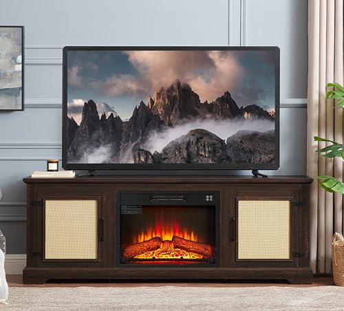 Chimeneas , Gabinete con puerta de ratán natural con estante ajustable Soporte for TV de ratán de granja de madera Mesa consola for televisores de hasta 70 pulgadas Soporte for TV de almacenamiento co