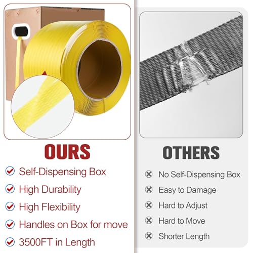 Image of MYFAMIREA Heavy Duty Packaging Strapping, 1 /2 inch x 3500FT Polypropylene Plastic Packaging Strapping, 300 Metal Seals, for Pallets, Logistics, Warehouse, Box Packaging and Shipping, Yellow
