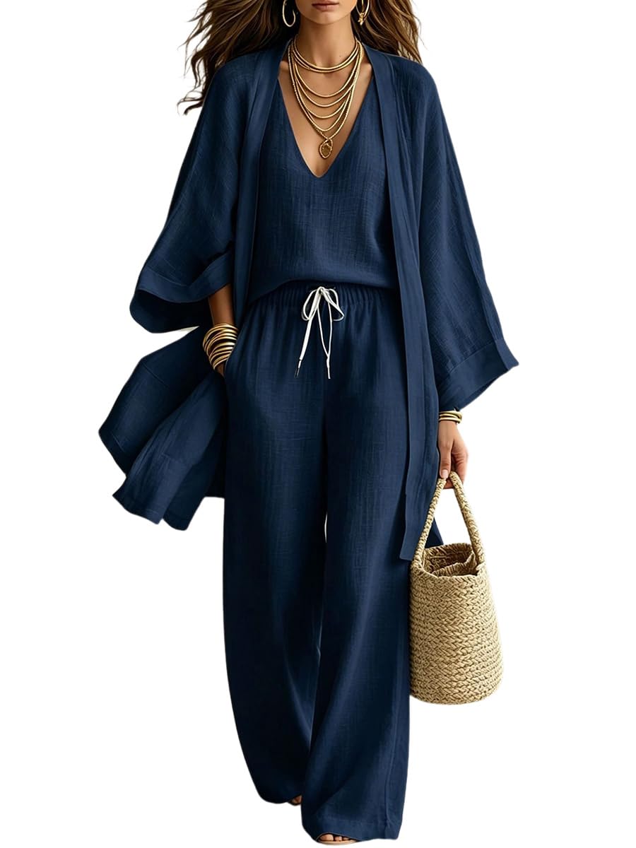 shownicer Ensemble Femme Chic et Elegant 3 Pieces Coton et Lin Ensemble de Pantalons Décontractée Ete Tenue