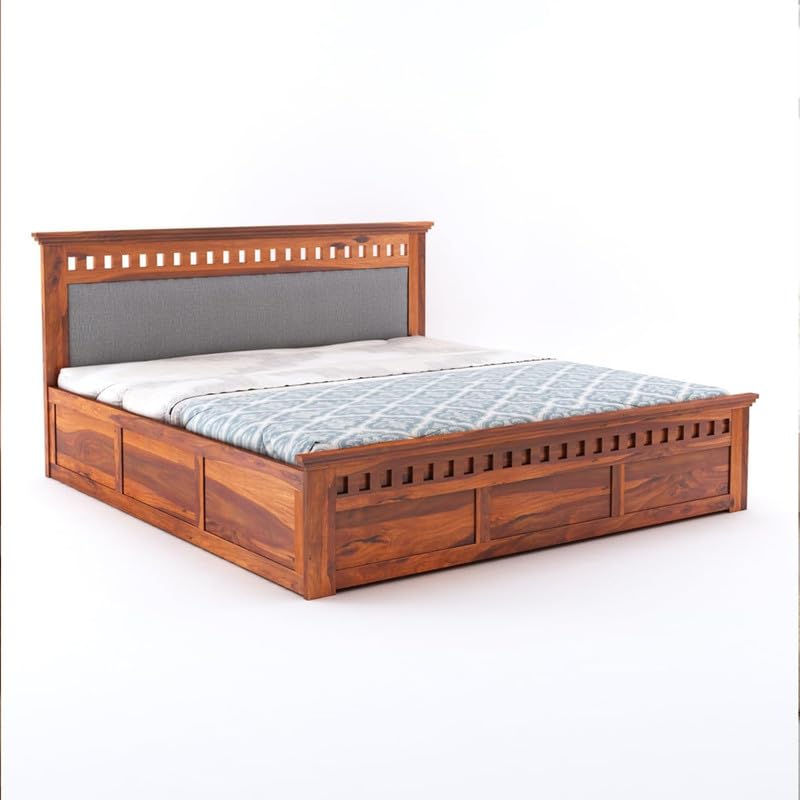 Image of Amazon Brand - Solimo Solid Sheesham Wood Kuber King Size Upholstered Bed with Box Storage + 2 Bedside | Wooden King Size Cot Bed | Double Bed with 2 Bedside Furniture for Bedroom (Honey Finish)