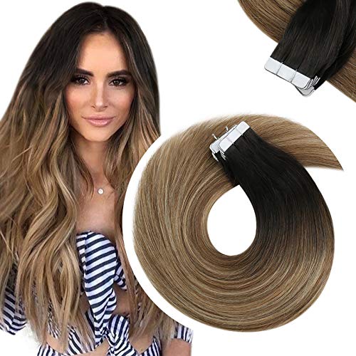 Sunny Balayage Tape in Hair Extensions 20inch #2/6/24 Dark Brown to Medium Brown Mixed Light Blonde Remy Tape in Hair Extensions Balayage Seamless Skin Weft Hair Extension 20pcs 50g