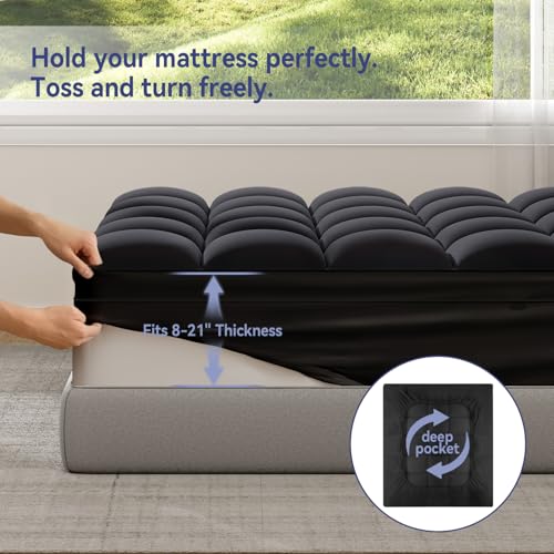 Image of ELEMUSE RV Short Queen Black Mattress Topper, Thick Pillow Top Mattress Pad | Overfilled down alternative filling adds plush comfort. Deep pocket design, ideal for campers and travel trailers.