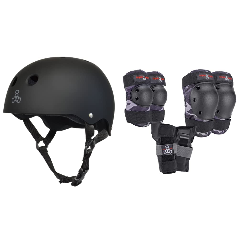 Triple Eight Sweatsaver Liner Skateboarding Helmet, All Black Rubber, Large & Saver Series Pad Set with Kneesavers, Elbowsavers and Wristsavers, Medium, Charcoal Camo