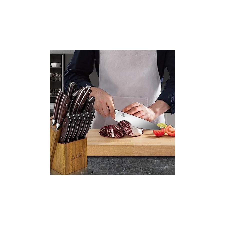 DDF iohEF Kitchen Knife Set, 16-Piece Knife Sets for Kitchen with Block Japanese Stainless Steel Knives Set with Sharpener Ultra Sharp Professional Chef Knife Set with Ergonomic Handle for Cutting