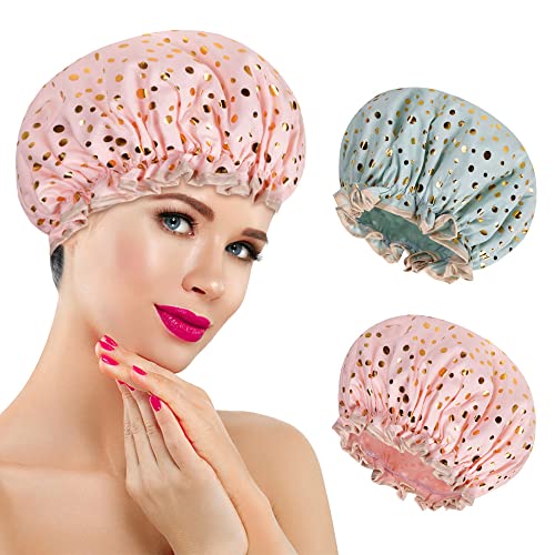 AOOWU Satin Duschhaube, 2 Stück Wasserdichte Elastische Shower Cap, Wiederverwendbare Doppellagige Schlafhaube für Locken Damen und Mädchen Zuhause Hotel Reisen(Rosa+Grün)