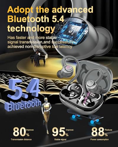 Image of Wireless Earbuds, Bluetooth 5.4 Headphones Sport, Over Ear Buds with ENC Noise Cancelling Mic, 48H, Wireless Earphone with Earhooks, Stereo Deep Bass, IP7 Waterproof Ear Bud for Workout Running, Grey