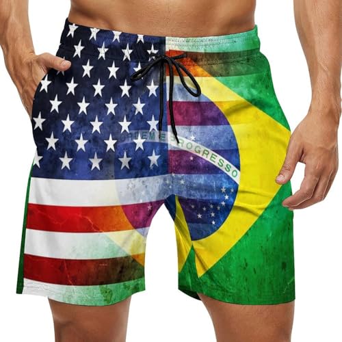 Vintage U.S.A. and Brazil Flag Men's Trunks Shorts Beach Athletic Running with Pockets and Mesh Lining