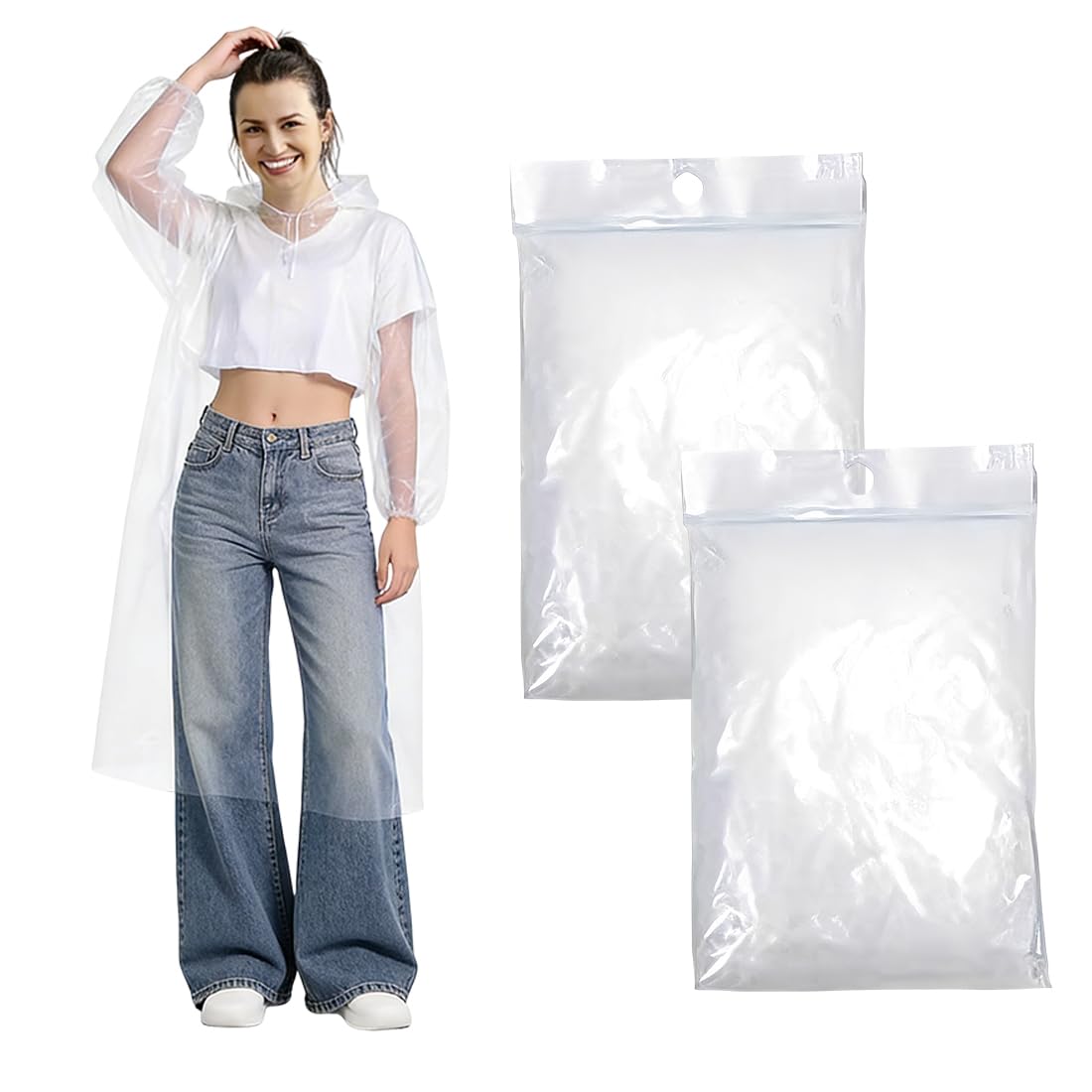 Lot de 2 Poncho Pluie Imperméable Jetable - Cape de Pluie Femme Homme - Poncho Transparent avec Capuche - Imperméable pour Festival Vélo Randonée - Pack de 2 - Édition Transparent