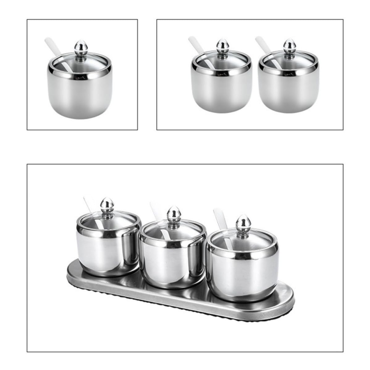 Didiseaon Set di 3 Barattoli per Condimenti in Acciaio Inossidabile e Vetro con Base Moderna, Accessorio per Conservazione Alimenti, per Cucina e Feste del Tè