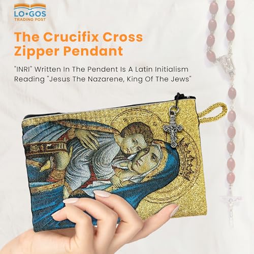 Image of Catholic Rosary Pouch, 4 inch x 6 inch Jewelry & Coin Purse with Cross, Small Woven Tapestry Icon Bag, Bolsa de Rosario Catolico para Joyeria, Our Lady of Mount Carmel & Sacred Heart of Jesus, 4 inch x 6 inch