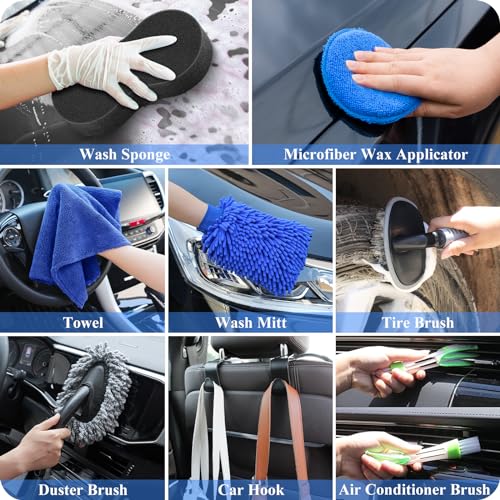 Image of 38Pcs Car Wash Detailing Kit Cleaning Kits with Foam Gun Sprayer Collapsible Bucket Drill Brush Large Wash Mitt Towels Complete Interior Exterior Car Washing Supply Set Blue