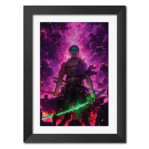Image of TenorArts Zoro Posters One Piece Anime Poster Laminated Photo Frame Painting with Matt Finish Black Textures (12inches x 9inches)