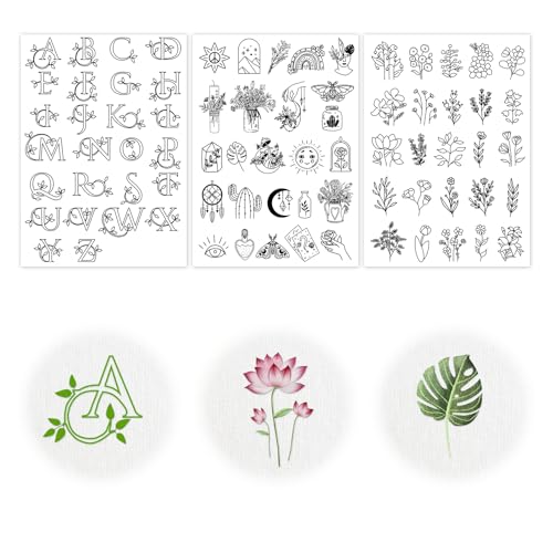 3pcs Stick and Stitch Embroidery Paper, A4 Water Soluble Stabilizer for Embroidery Water Soluble Embroidery Patterns Tranfer Pre-Printed Letters Plants for Hand Sewing Beginners Lovers