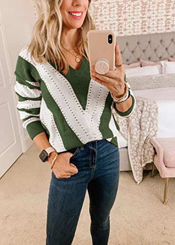 PRETTYGARDEN Sweaters for Women 2025 Long Sleeve Striped Knitted V Neck Pullover Jumper Tops Fall Outfits Fashion Clothing