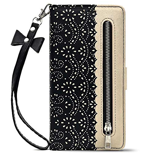 Luxury Flip Wallet Case for Samsung Galaxy A71 Printed Lace Folio Wristlet Lanyard Card Slot Kickstand Feature with Girl Women Cover for SamsungA71 (Galaxy A71 4G, Black)