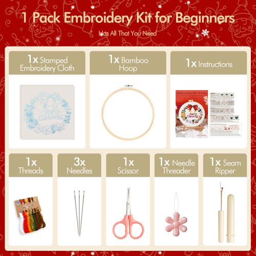 Image of wtisan Christmas Embroidery Kit, Cross Stitch Kits for Beginners, Needlepoint with All Tools & Instructions, Stamped Hand Embroidery Starter Kit for Holiday Crafts & Xmas Home Decor, W14