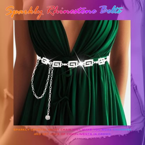 COSYDAYS Sparkly Rhinestone Chain Belts Silver Diamond Dress Belt for Women2