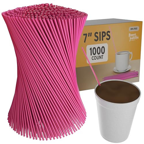 Tall 7 Inch Slim Plastic Coffee Stirrers and Sip Straws, Pink, 1,000 Count