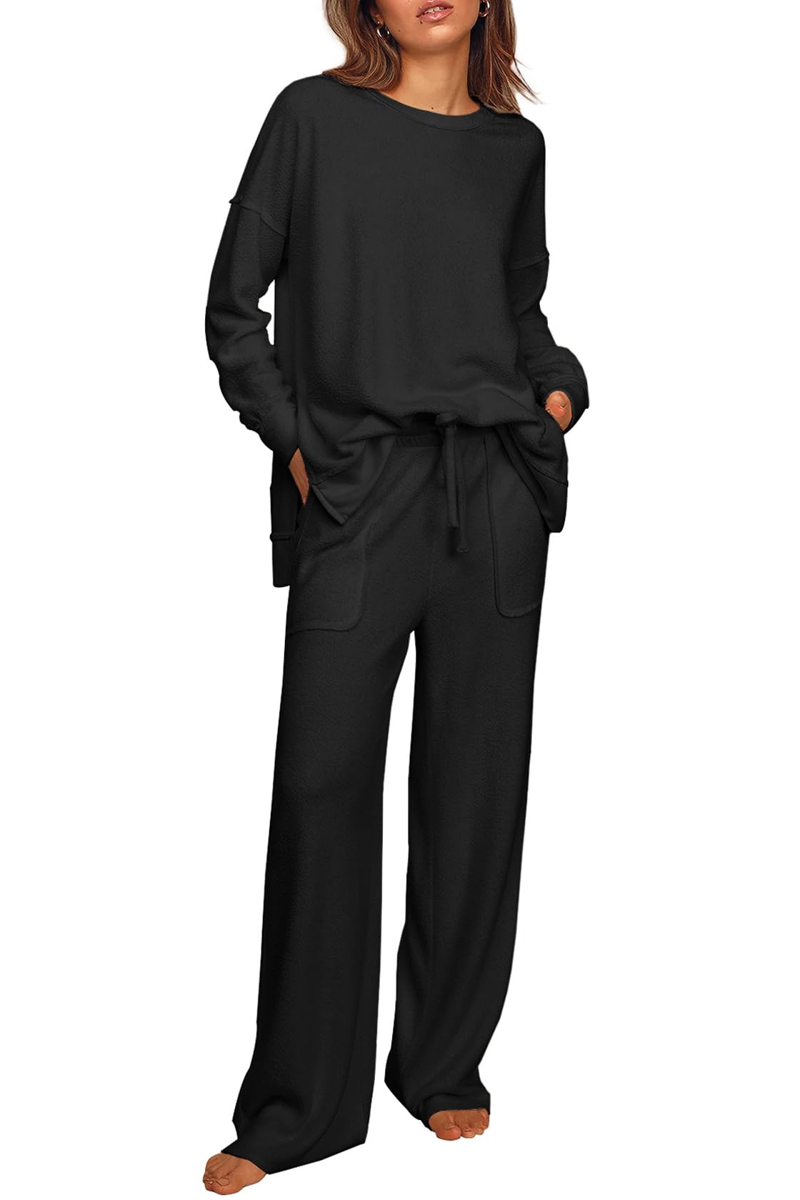 Ekouaer Womens Tracksuits 2 Piece Long Sleeve Outfits Micro Fleece Sweatsuit Sets Wide Leg Sweatpants