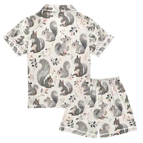senya Cute Squirrel Grey Satin Summer Pajama Sets Silk Short Sleeve Button Down Sleepwear2