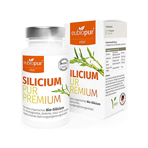 eubiopur Bio Silicium Kapseln | 90 vegane Kapseln naturreines Silicium hochdosiert | 2-Monatsvorrat Silizium hochdosiert aus Bambusextrakt | Organisches Silizium für Veganer| hergestellt in DE Cover