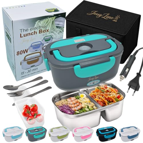 JessyLine Fiambrera eléctrica portátil moderna y versátil 80W 12V/24V/220V Coche camión y Oficina Calienta comida sin microondas lonchera contenedor acero inoxidable 1,5L Dos divisiones Gris turquesa
