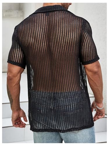 OYOANGLE Men's Mesh Sheer Short Sleeve Button Down Shirts Beach Vacation Shirt Party Crochet Tops2