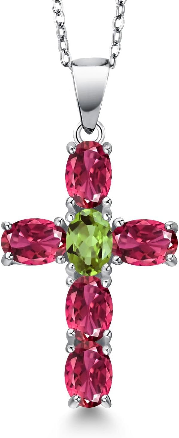 Gem Stone King 925 Sterling Silver Pink Tourmaline and Green Peridot Cross Pendant Necklace for Women | 2.88 Cttw | Gemstone October Birthstone | Oval 6X4MM | With 18 Inch Chain
