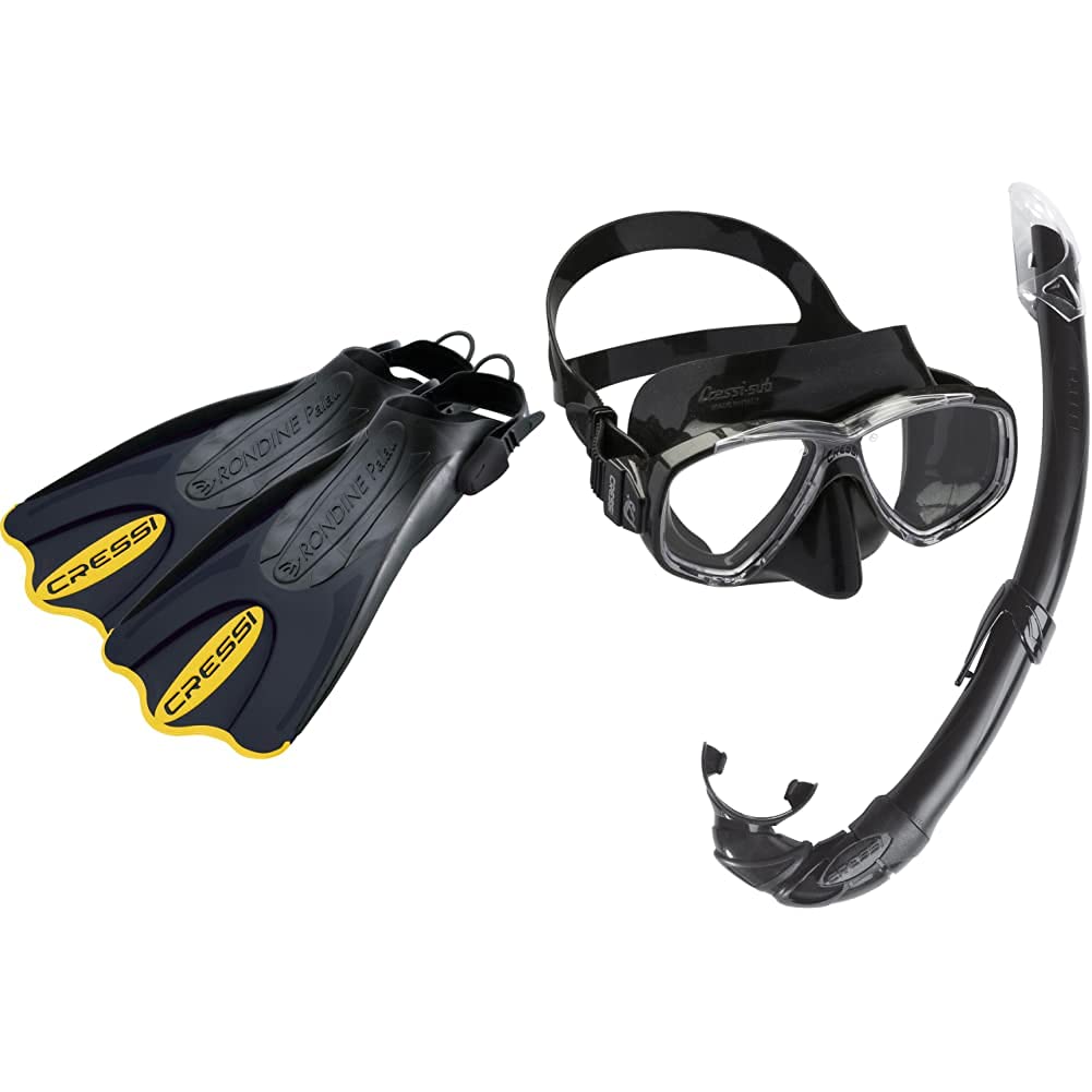 Cressi Palau Saf, Pinne Corte Regolabili per Nuoto E Snorkeling Unisex, Nero/Giallo, S/M (38/41) & Mare Combo, Set Maschera Sub Perla E Snorkel Mexico Unisex – Adulto, Nero, Unica