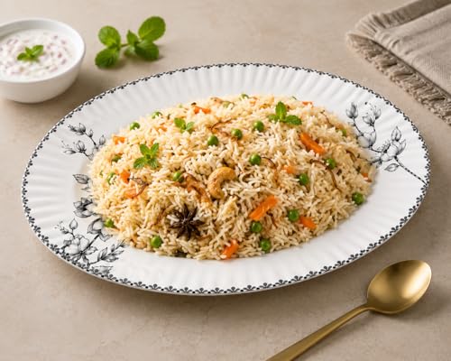 Image of Melvio By Malti Oval Rice Tray for Dining & Serving | Premium Melamine Serving Platter with Elegant Floral Design | Dishwasher Safe Rice Plate for Biryani, Pulao | White, 14.25 Inch