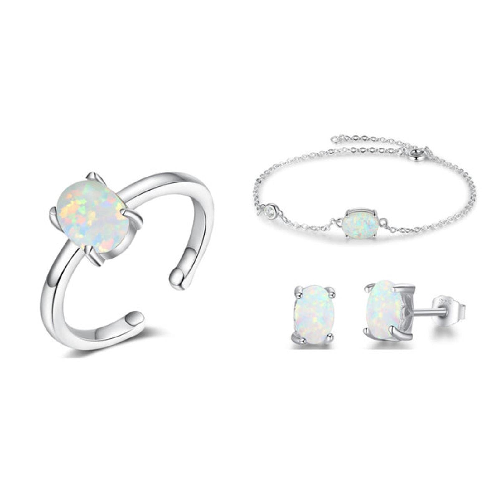 Lokiloki Women's White 925 Sterling Silver Jewelry Sets Oval Opal Stone Rings Stud Earrings Bracelets Bridal Jewelry Sets