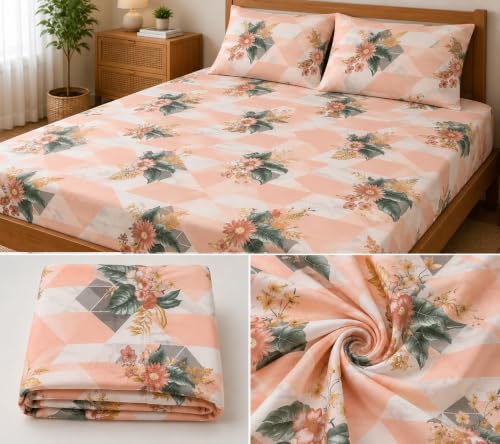Image of Fitted Bedsheet Peach Floral Chevron Print Glace Cotton 210 TC | Full Single Size for Single Bed Fits 4 x 6.25 ft Mattress (48 x 75 Inch) | All Around Elastic | 2 Pillow Covers | 7 Inch Deep Pocket