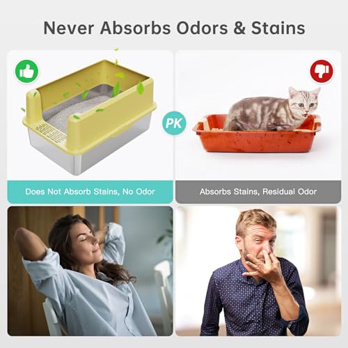 Image of Stainless Steel Litter Box with High Side, XXL Extra Large Cat Litter Box for Big Cats & Multiple Cats, Non-Sticky, No Urine Leakage, Easy Clean Cat Litter Pan Include Scoop