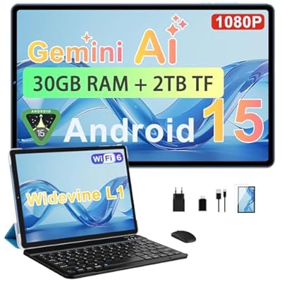 BIEGEDY - 2026 Tablet 10 Pulgadas Android 15 30GB RAM + 2TB TF Gemini AI Octa-Core 5G WiFi 6 Widevine L1 GMS GPS BT 5.0 6000mAh 5+8MP 3.5mm Audio FHD Tablet con Teclado + Ratón + Funda Azul