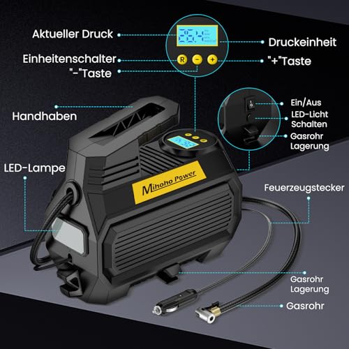 Mihoho Elektrische luchtpomp, compressor, draagbare bandenpomp met digitaal led-display en druktest voor auto's, fietsen, motorfietsen - Afbeelding 4