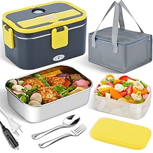Electric Lunch Box Food Heater, 80W High-Power Food Warmer, 12V 24V 110V 3 in1 Portable Microwave for Car and Home, with Detachable 304 Stainless Steel Container Fork and Spoon(Royal Blue + Yellow)
