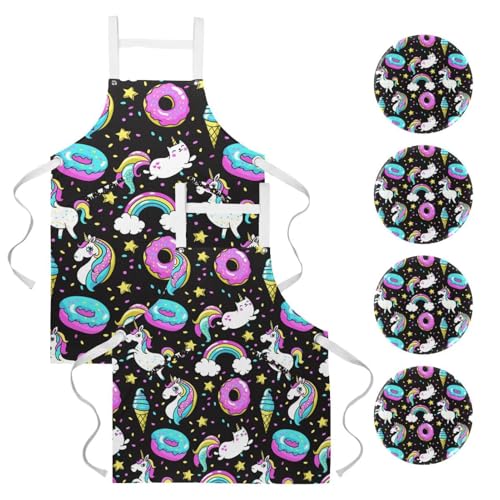 Tablier de cuisine avec 4 broches et motif licorne crème