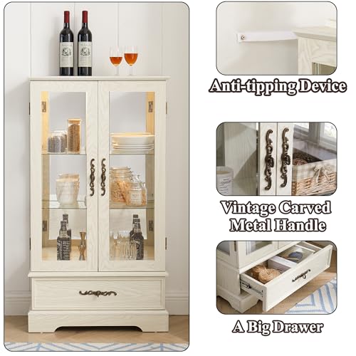Image of 47 inch H Lighted Curio Cabinet Display Case, Glass Case with Adjustable Shelves,Tempered Glass Door and Drawer, Wooden Curio Cabinet with Mirrored Back Pane for Living Room (Antique White)