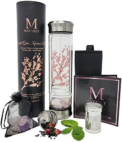 Cherry Blossom Double Walled Glass Crystal Water Bottle With Crystals Inside Eco-Friendly Crystal Gifts for Women, Rose Quartz, White Crystal, Amethyst, For Hot and Cold Drinks and Loose Tea Infuser