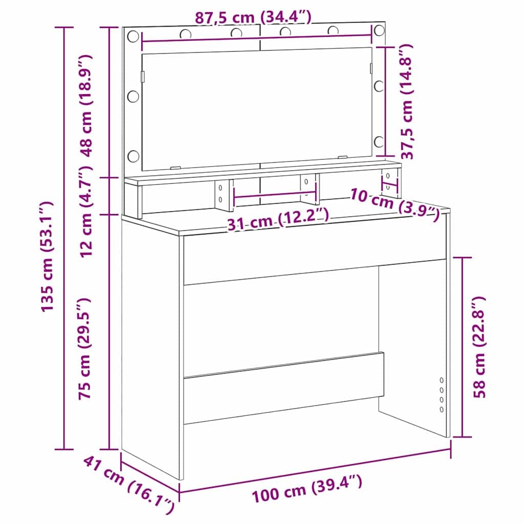 vidaXL Toaletka Betonowy szary 100 x 41 x 135 cm Drewno inżynieryjne | Masz sporo przestrzeni na cały makijaż, Super do nakładania makijażu, Elegancki styl pasuje do każdej sypialni