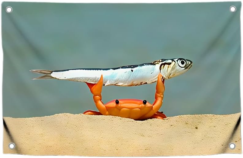 3x5 Feet Meme Flag with Сrab Holds Fish with Four Brass Grommets - Single Sided Cool Funny Tapestry for Bedroom Decor Man Cave Style - Polyester Funny Tapestries College Room Decor for Girls and Guys