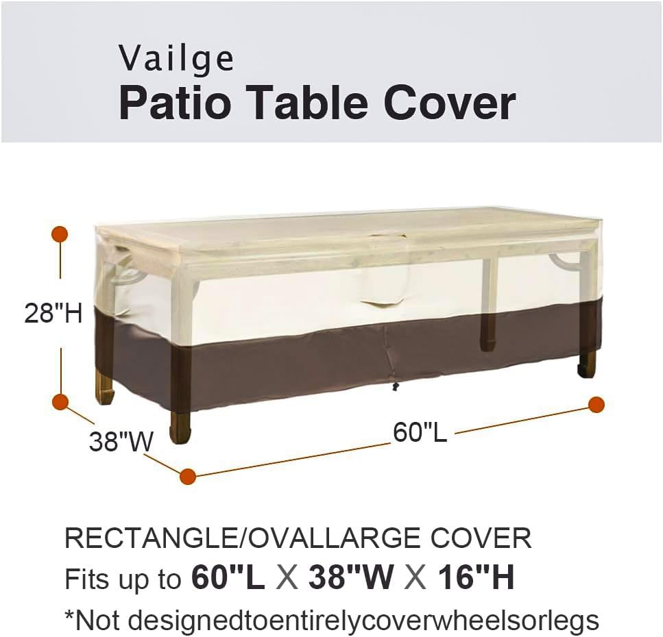 vailge rectangular/oval patio table cover, heavy duty and waterproof outdoor lawn patio furniture covers (beige&brown, 60"lx38"wx28"h) rectangle-60"lx38"wx28"h beige & brown
